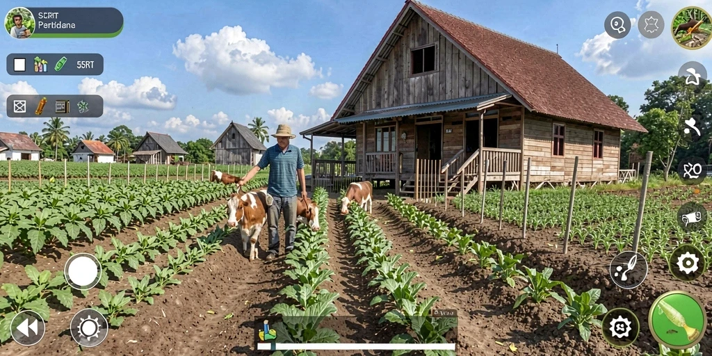 Screenshot menunjukkan suasana ladang yang indah dengan tanaman subur.