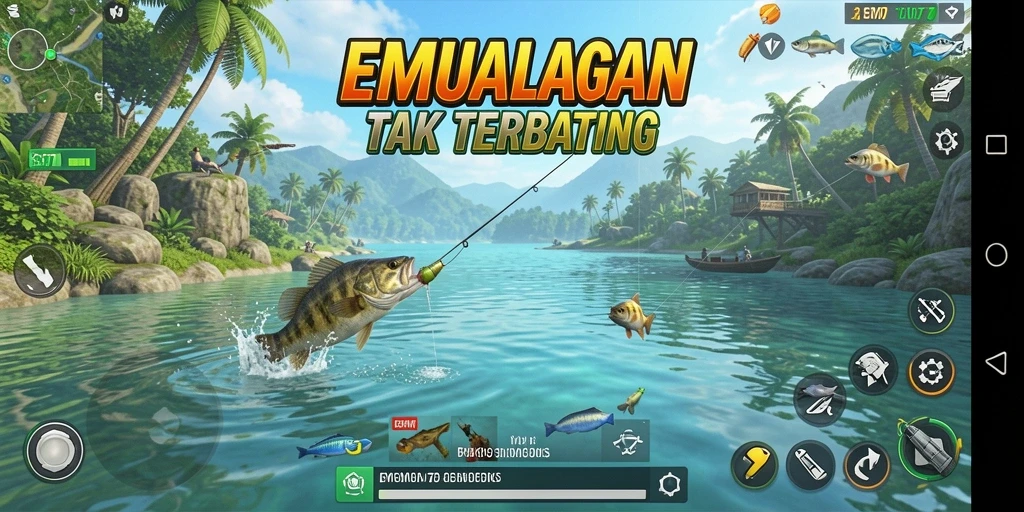 Screenshot gameplay EMON77 yang menampilkan aksi memancing seru.