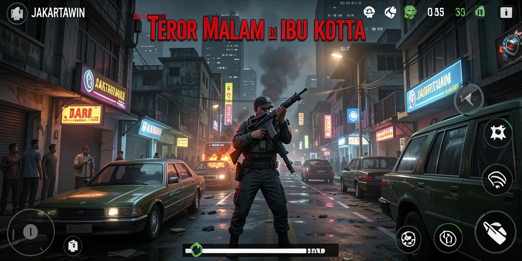 Gameplay JAKARTAWIN dengan momen menakutkan dan atmosfer yang intens.