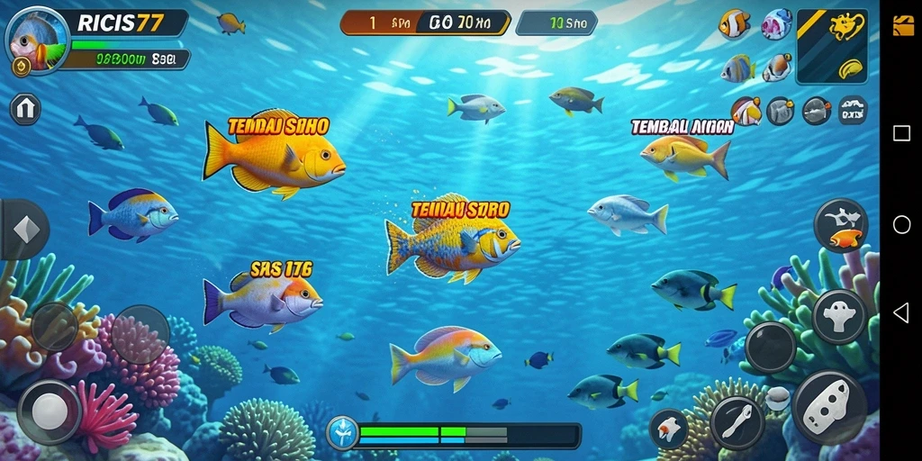 Tampilan gameplay seru dari RICIS77 dengan berbagai ikan yang menanti untuk ditembak.