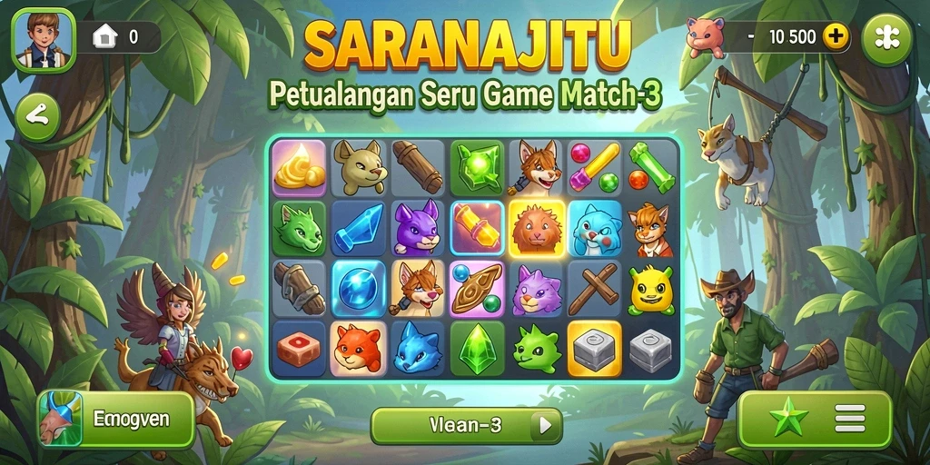 Tampilan gameplay Match-3 SARANAJITU yang penuh warna.