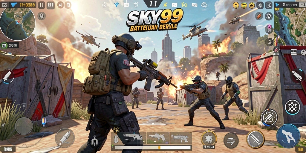 Tampilan aksi seru dalam gameplay Battle Royale SKY99.