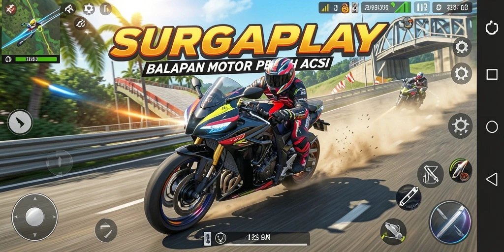 Tampilan gameplay mendebarkan di SURGAPLAY saat motor melaju kencang.
